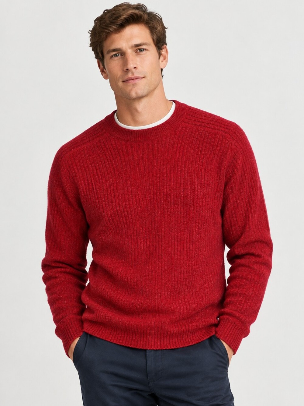 Scott Barber‎ Sweater Mens Medium Red Merino Wool Ribbed Knit Crewneck Preppy